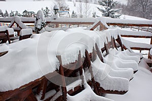 Winter ski chalet and cabin in snow mountain