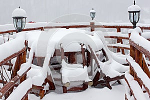 Winter ski chalet and cabin in snow mountain