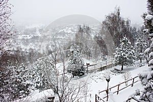 Winter ski chalet and cabin in snow mountain