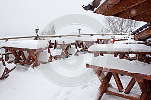 Winter ski chalet and cabin in snow mountain