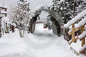 Winter ski chalet and cabin in snow mountain