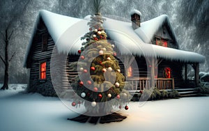 Winter ski chalet and cabin in snow mountain.  Christmas tree.  Generative Al Illustration