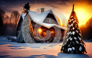 Winter ski chalet and cabin in snow mountain.  Christmas tree.  Generative Al Illustration