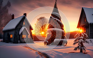 Winter ski chalet and cabin in snow mountain.  Christmas tree.  Generative Al Illustration