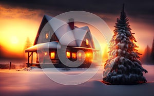 Winter ski chalet and cabin in snow mountain.  Christmas tree.  Generative Al Illustration