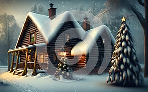 Winter ski chalet and cabin in snow mountain.  Christmas tree.  Generative Al Illustration