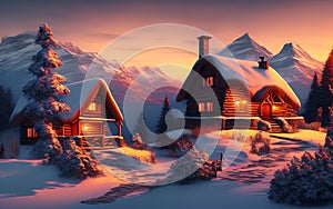 Winter ski chalet and cabin in snow mountain. Generative Al Illustration
