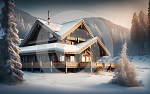 Winter ski chalet and cabin in snow mountain. Generative Al Illustration