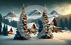 Winter ski chalet and cabin in snow mountain. Generative Al Illustration