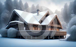 Winter ski chalet and cabin in snow mountain. Generative Al Illustration