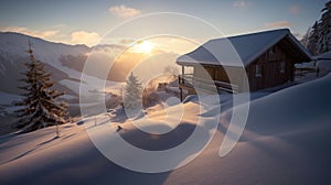 Winter Ski Chalet and Cabin in Snow Mountain Landscape in Tyrol Austria