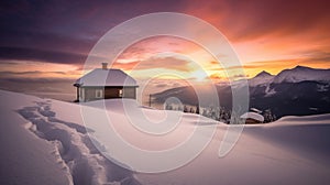 Winter Ski Chalet and Cabin in Snow Mountain Landscape in Tyrol Austria