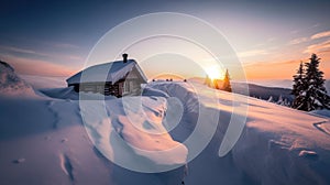 Winter Ski Chalet and Cabin in Snow Mountain Landscape in Tyrol Austria