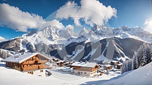 Winter ski chalet and cabin in snow mountain landscape in tyrol austria