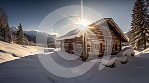 Winter Ski Chalet and Cabin in Snow Mountain Landscape in Tyrol Austria