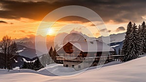 Winter Ski Chalet and Cabin in Snow Mountain Landscape in Tyrol Austria