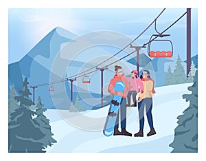 Winter ski resort, family with a kid in front of a cableway. Ski