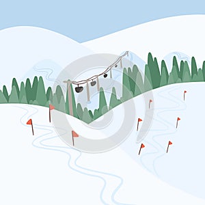 Winter ski resort landscape vector flat concept. Alps, fir trees, ski lift, mountains wide panoramic background