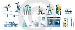 Winter ski resort set, vector isolated illustration. Skier, snowboarder, equipment for rent, cable car, mountain slope.