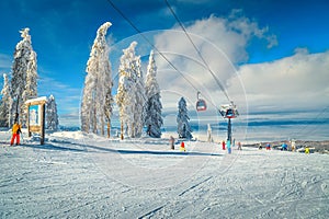Winter ski resort with ski gondolas trees and active skiers