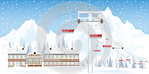 Winter ski resort with ski-lift moving above the ground against