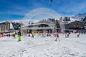 Winter ski resort,ski lift,people skiing. Uludag Mountain, Bursa, Turkey