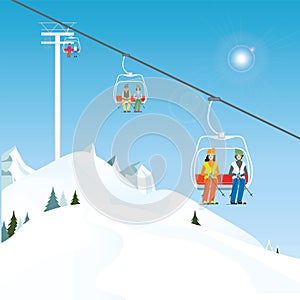 Winter ski resort with skiers on a ski-lift.