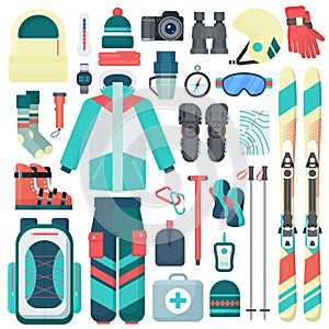 Winter skiing equipment vector icons set. Travel sport mountain activity equipment isolated.