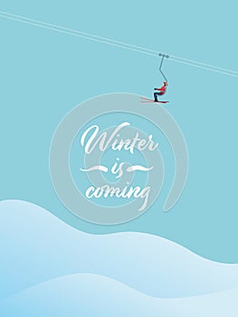 Winter skiing vector card or postcard with skier on a lift. Ski resort, winter vacation, recreation and sport symbol.