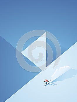 Winter skiing vector poster with skier going downhill on the mountain. Freeskiing vacation advertisement or promotion