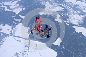 Winter skydiving. Two skydivers are training in the sky.