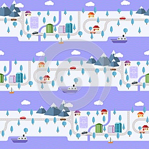 Winter small town on the island. Seamless pattern