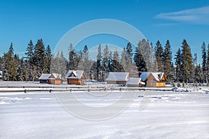 winter, a small village, wooden houses and the beautiful forests in the background