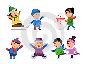 Winter smile characters. Kids snow clothes boys girls christmas party children playing vector illustrations isolated