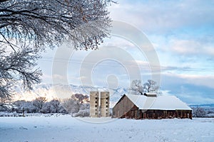Winter snow on abandoned old fashioned dairy farm buildings