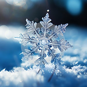 Winter snow background abstract bokeh. Snowflake Close-Up. Christmas, New Year.