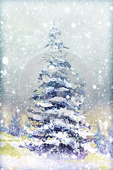 Winter snow background. Blurred snowflakes on Original oil painting - Christmas