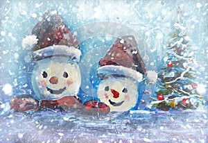 Winter snow background. Blurred snowflakes on Original oil painting - Christmas