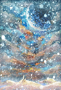 Winter snow background. Blurred snowflakes on Original oil painting - Christmas