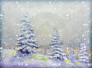 Winter snow background. Blurred snowflakes on Original oil painting - Christmas