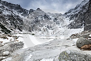 Winter and Snow at Black Pond or Czarny Staw at Rysy Peak in Poland