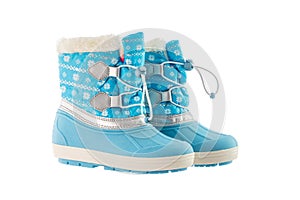 Winter snow blue boots on white background