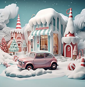 winter snow car gift christmas retro festive candy holiday merry. Generative AI.