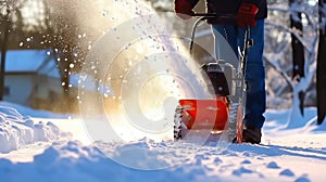 Winter Snow Clearing Using a Snowblower by a Man - Generative AI