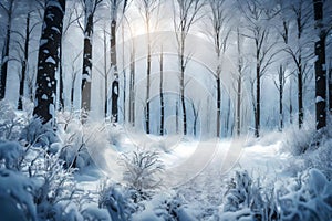 **Winter snow-covered forest background with copy space. Winter holidays