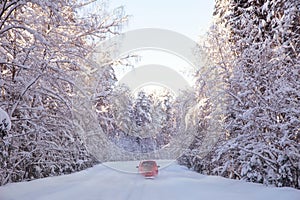 Winter snow-covered forest, red car driving on the road, sunny day