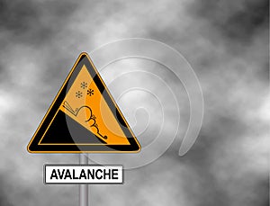 Winter snow covered mountains and warning sign of avalanche danger isolated on a grey sky. Danger sign avalanches of ice and snow