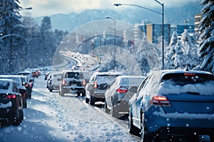 a winter snow covered road in a city, concept of traffic safety on a slippery road