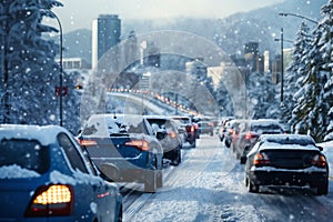 a winter snow covered road in a city, concept of traffic safety on a slippery road