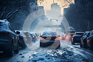 a winter snow covered road in a city, concept of traffic safety on a slippery road